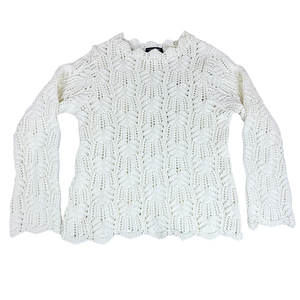 SML Sport Womens Sweater White Cotton Pointelle Knit Made in USA Vintage EUC